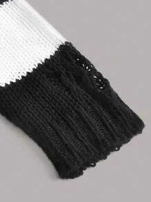 PUNK Vestido de punto con patrón de rayas desgarro sin cinturón - Blanco y Negro - Ver 3
