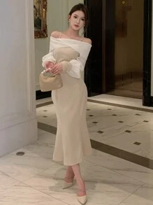 DAZY 露肩灯笼袖鱼尾连衣裙，生日、新年、舞会优雅礼服，秋季长袖连衣裙，婚礼女装，长款连衣裙 - 杏色 - 查看 4