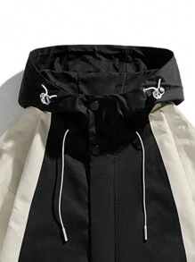 Men Colorblock Letter Graphic Drawstring Hooded Jacket - Black - View 3