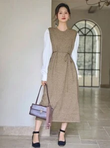 DAZY Colorblock Belted Sweater Dress,Fall Clothes