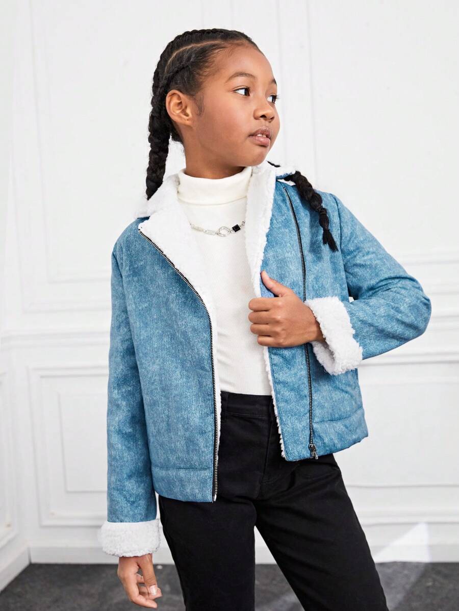 SHEIN Tween Girl Teddy Lined Zip Up Jacket - Multicolor - View 1