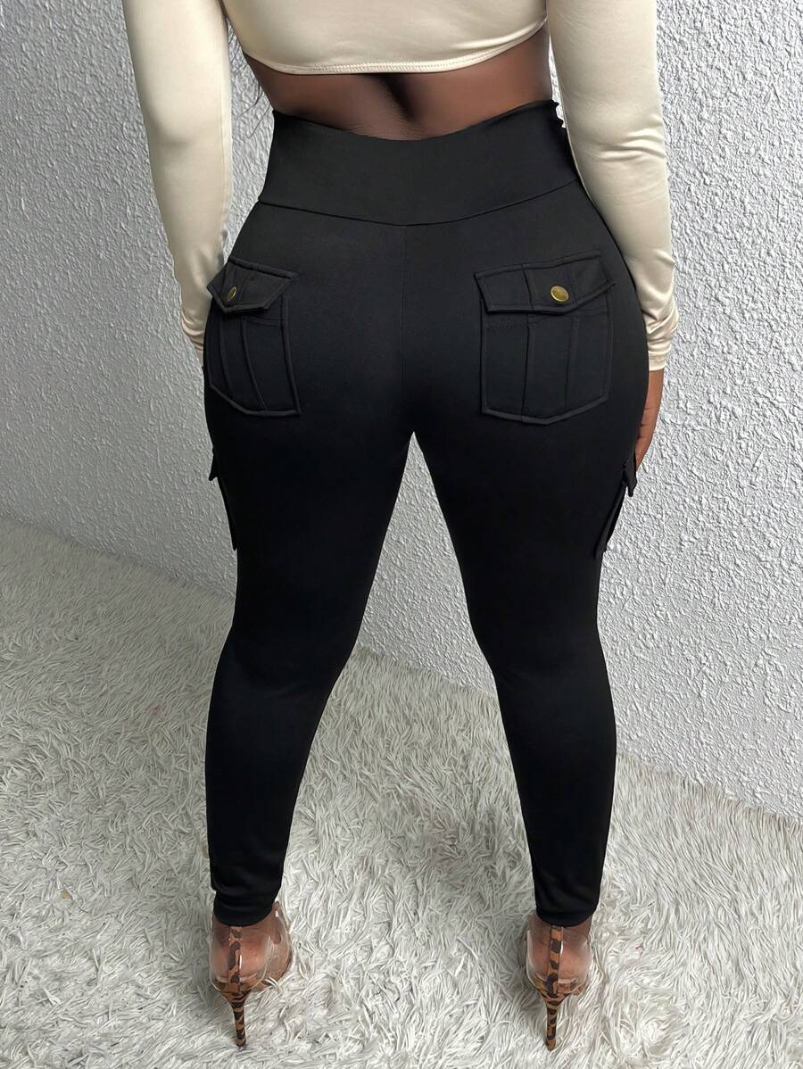 Slaydiva Flap Pocket Side Skinny Pants - Black - View 1