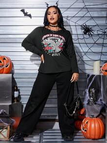 SHEIN Coolane 大碼鷹和字母圖案落肩袖T恤 - 黑色 - 查看 3