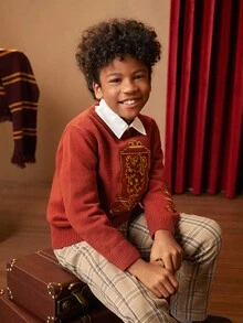 HARRY POTTER X SHEIN Cậu bé Tween Đồ họa Thêu Áo len Không có áo sơ mi - Màu Đỏ Sâu - Xem 6