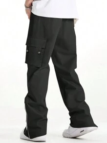 Claim Dot Men Flap Pocket Side Drawstring Waist Cargo Pants - Black - View 2