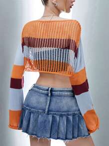 SHEIN Unity Suéter de punto corto con hombros caídos y bloques de color para otoño e invierno - Amarillo - Ver 2