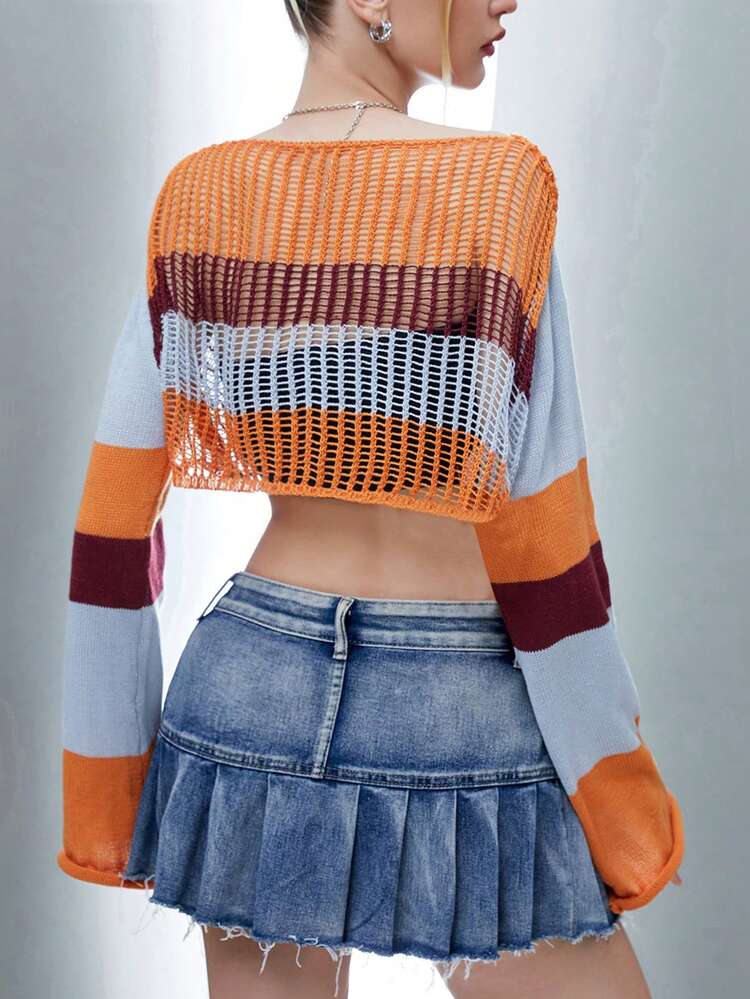 Colorblock Drop Shoulder Crop Knit Pullover Fall Winter Sweater