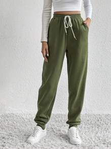 SHEIN Tall Drawstring Waist Slant Pocket Sweatpants - Olive Green - View 3