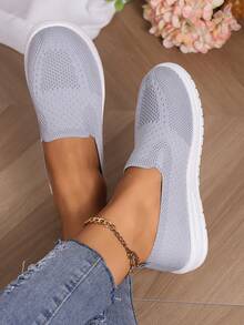 Hàng mới đến Của phụ nữ Kích thước lớn Đúng mốt Và Giải trí Giày lười Dệt kim Mùa Xuân , Mùa hè , Và Mùa thu Giày đế bệt - Xám - Xem 4