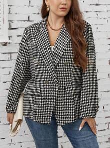 SHEIN LUNE Plus Houndstooth Print Double Breasted Blazer - Black and White - View 5