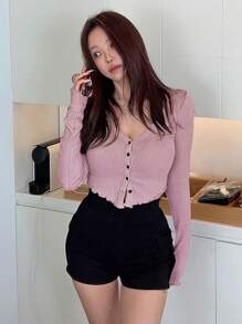 DAZY 實色鈕扣前短袖t恤 - 藕粉色 - 查看 7