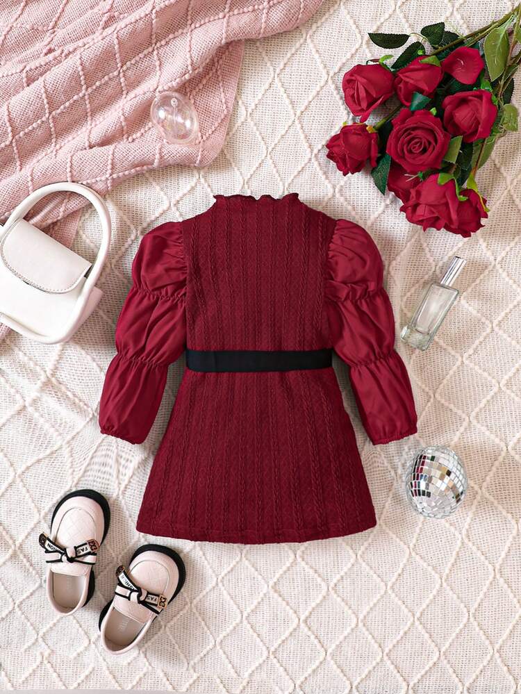 Baby Girl Solid Gather Sleeve Belted Dress