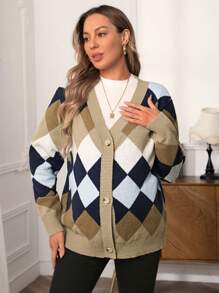 SHEIN Maternity Argyle Pattern Button Front Cardigan, For Winter - Multicolor - View 3