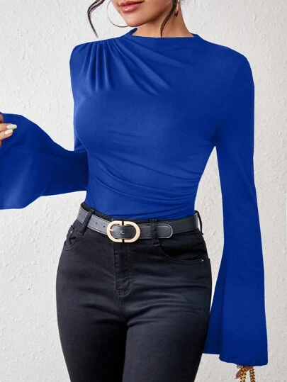 Chiquease Mock Neck Trumpet Sleeve Ruched Tee Fall Cloth For Women