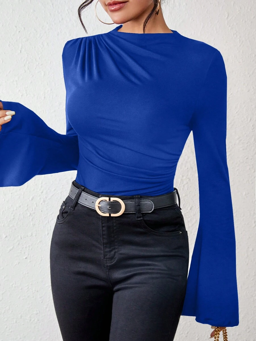 Chiquease Mock Neck Trumpet Sleeve Ruched Tee Fall Cloth For Women - Blue - View 1