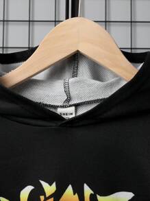 SHEIN Leap Crew 青少年男孩卡通字母印花长袖连帽衫，时尚百搭 - 黑色 - 查看 6