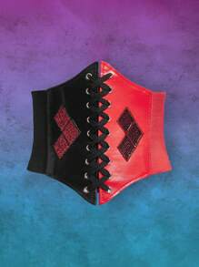 Harley Quinn | ROMWE Mujer 1 pieza Cinturón corsé de color combinado con diseño de diamante de imitación con cordón - Negro - Ver 2