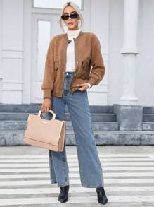 SHEIN Essnce 翻蓋口袋落肩袖毛絨夾克 - 卡其色 - 查看 3