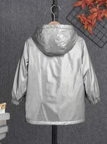 SHEIN 男小童拉鏈開襟連帽毛絨內襯金屬質感外套無毛衣 - 白色 - 查看 2