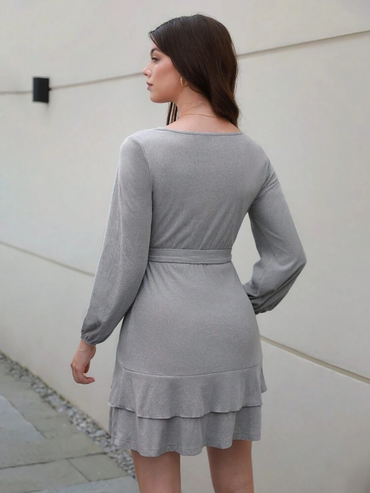 Lantern Sleeve Ruffle Trim Belted Dress Fall Cloth For Women