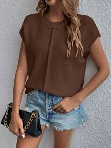 SHEIN LUNE Solid Batwing Sleeve Knit Top - Coffee Brown - View 3