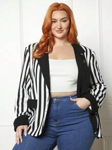 SHEIN CURVE+ Plus Striped Print Lapel Collar Open Front Blazer - Multicolor - View 1