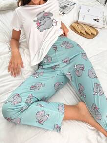 Cartoon Elephant Graphic Tee & Pants PJ Set / Pajama Set - Multicolor - View 1
