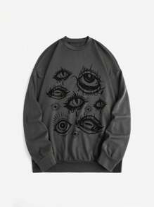 ROMWE Grunge Punk Eye Print Drop Shoulder Sweatshirt - Dark Grey - View 1