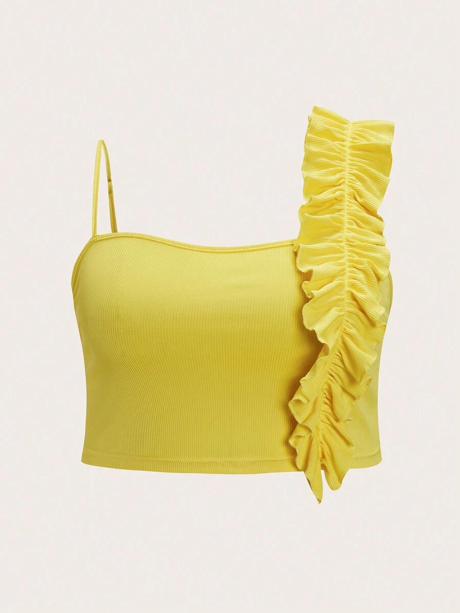 Calvaya 大碼不對稱領荷葉邊短款上衣 - 黃色 - 查看 1