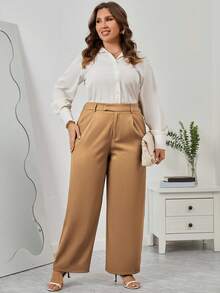 SHEIN Privé Hơn Chất rắn Túi nghiêng quần ống rộng Quần tây - Màu Khaki - Xem 6