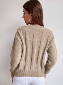 EMERY ROSE Solid Cable Knit V Neck Sweater Knit Pullover Fall Winter Outfit - Apricot - View 2