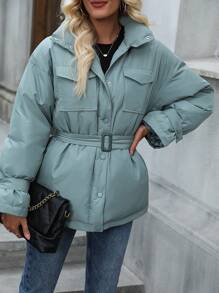 SHEIN LUNE Flap Pocket Drop Shoulder Belted Padded Padded Coat Clothes Winter - Army Green - View 1