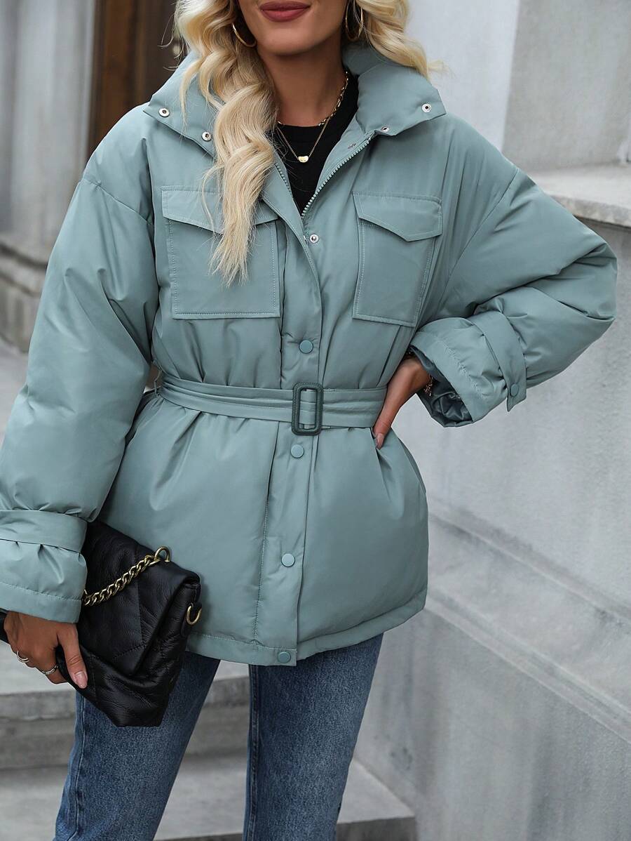 SHEIN LUNE Flap Pocket Drop Shoulder Belted Padded Padded Coat Clothes Winter - Army Green - View 1