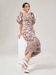 Modelyn Váy dạ hội dài tay bồng in hoa viền lông - Bụi hồng - Xem 3