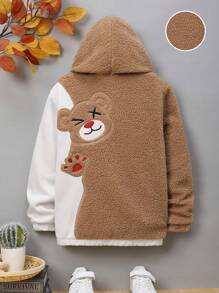 SHEIN Tween Boy Bear Embroidery Two Tone Hooded Teddy Jacket - Khaki - View 2