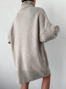 EURMUSE Turtleneck Drop Shoulder Sweater Dress - Beige - View 2