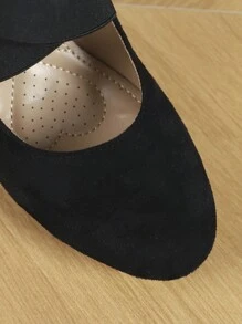 Women's Criss-Cross Elastic Strap Round Toe Thick Sole Cone Heel Slip-On Mary Jane Pumps, Elegant, Faux Suede, Black, Suitable For Work, Office, Outdoor, Comfortable Platform High Heels - Black - View 5
