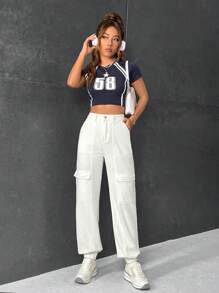 SHEIN EZwear Quần jean túi có nắp lưng cao - trắng - Xem 5