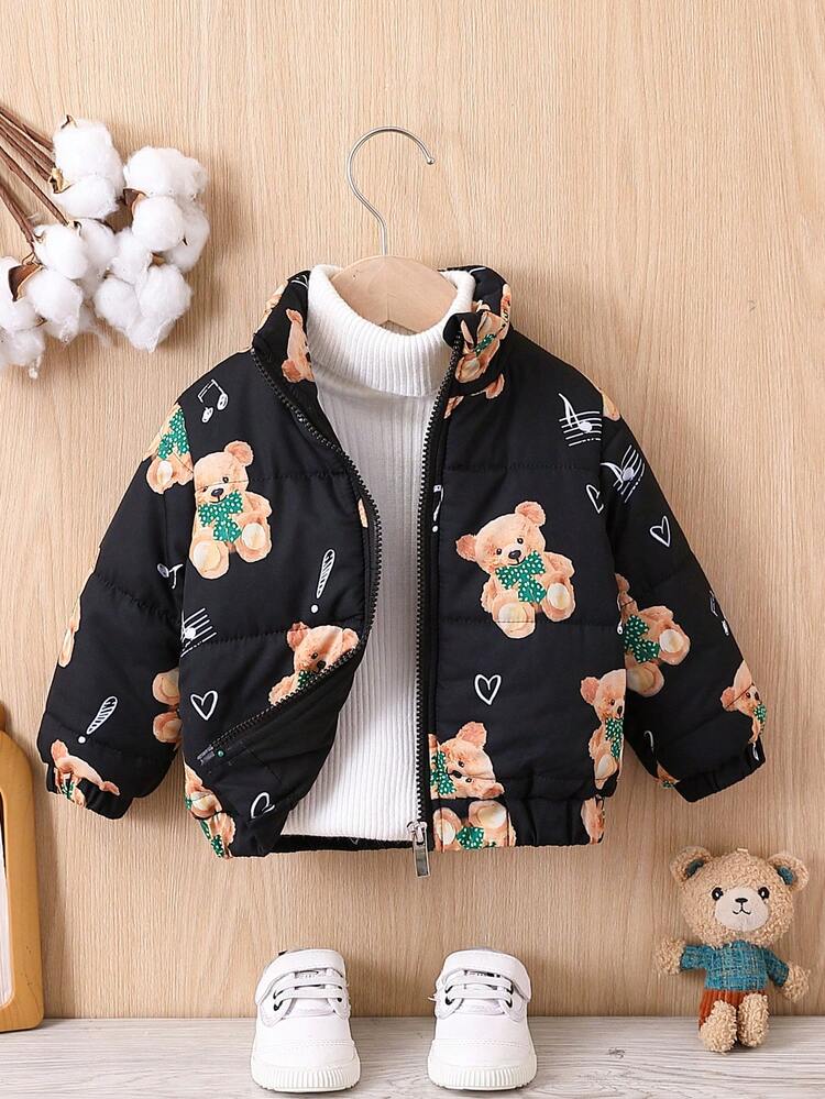 Baby Girl Bear Print Zip Up Jacket Without Sweater
