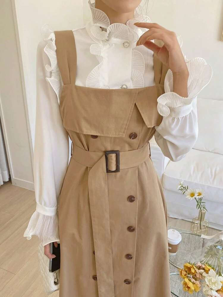 Button Front Belted Overall Dress Without Blouse,Fall Clothes Maxi Dress