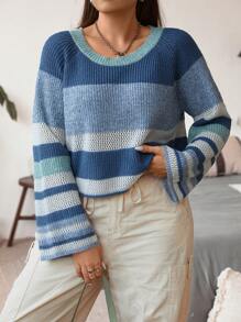 Flirla Plus Colorblock Raglan Sleeve Sweater - Blue - View 5