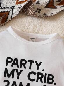 SHEIN Bộ áo liền quần dài tay in chữ vui nhộn hàng ngày cho trẻ em Unisex - trắng - Xem 5