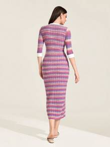 Mulvari Mẫu sọc Nút phía trước Đầm Áo len - Nhiều màu - Xem 3