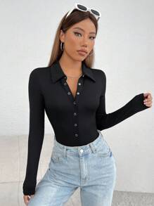 SHEIN PETITE Button Front Slim Fit Tee Bodysuit - Black - View 5