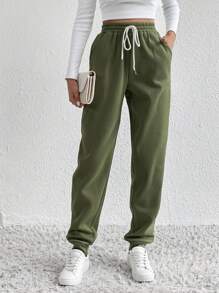 SHEIN Tall Drawstring Waist Slant Pocket Sweatpants - Olive Green - View 7