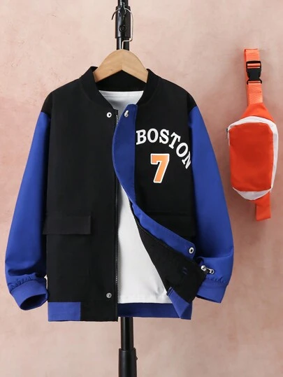 Tween Boy Letter Graphic Colorblock Flap Pocket Bomber Jacket & Bag Without Tee