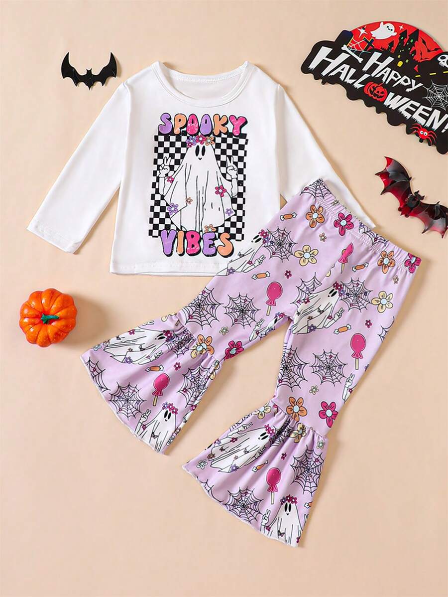 Cô Gái Trẻ Lá thư & Bản in Halloween Áo thun & Quần ống loe - trắng - Xem 1