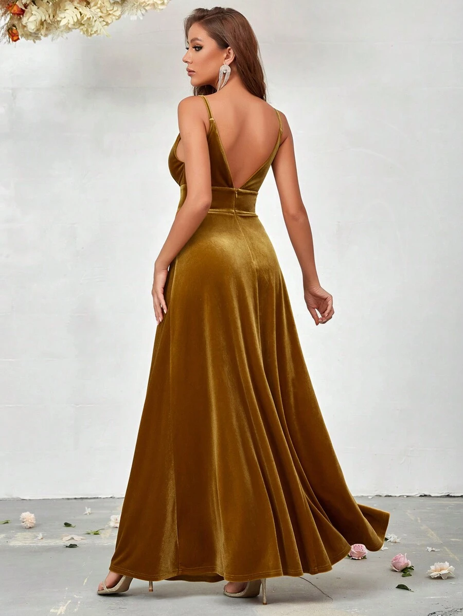 SHEIN Belle 撞色網眼天鵝絨吊帶洋裝 - 黃色 - 查看 1