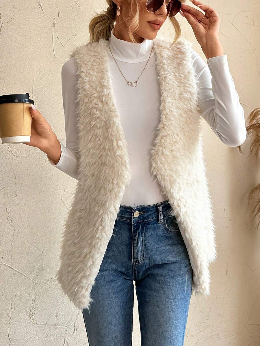 SHEIN LUNE Open Front Fuzzy Vest Coat - Beige - View 1