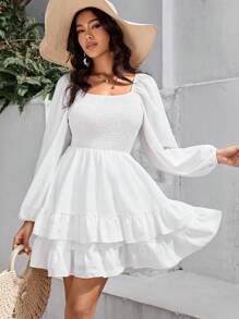 SHEIN VCAY 方領燈籠袖荷葉邊洋裝